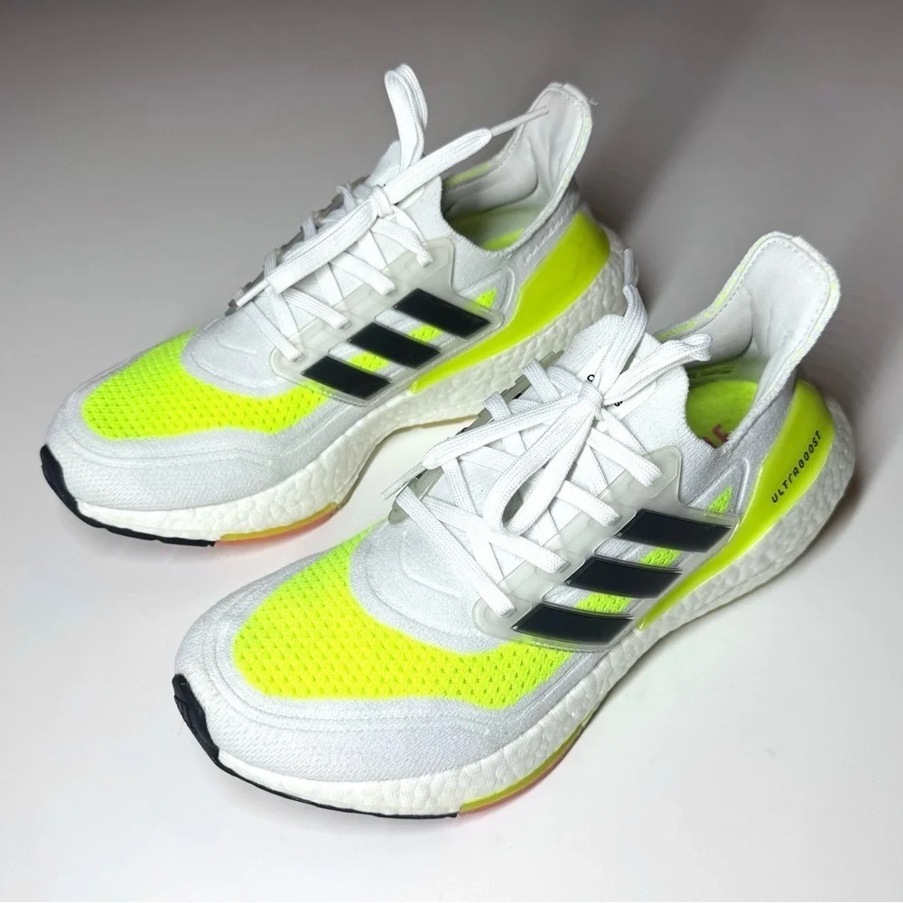 Adidas Men’s Ultraboost 21 Athletic Running Shoes - White and Neon Yellow Size-7